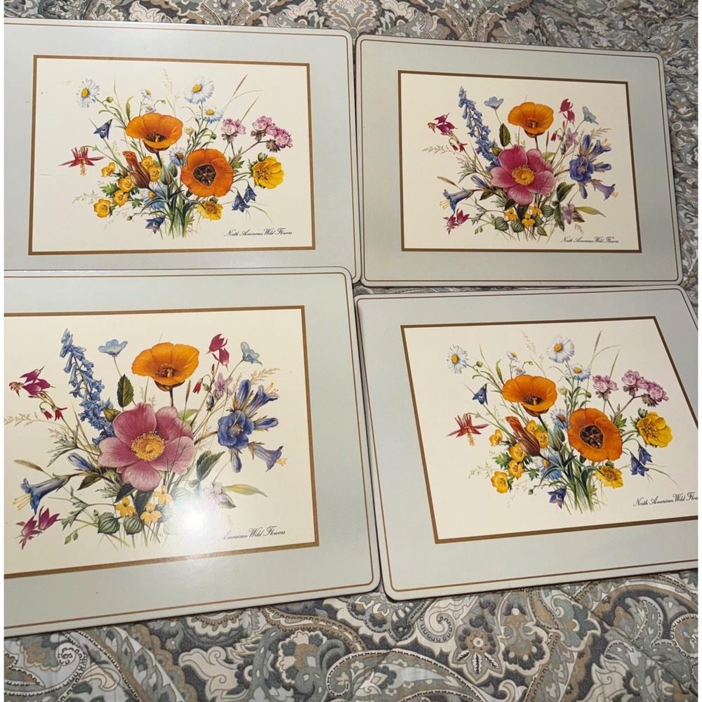 Vtg North American Wild Flowers Cork Backed Placemats Set of 4 Botanical Floral